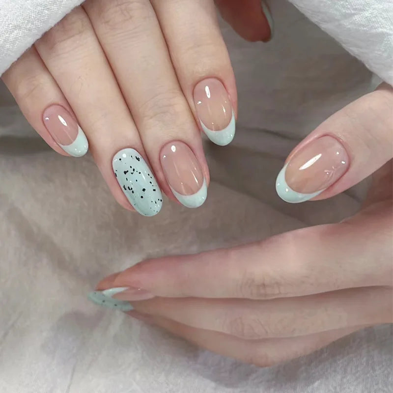 24Pcs Acrylic Round Head Fake Nail Tips Reusable Blue French False Nails Set Simple Almond Oval Full Cover Press on Nails R867