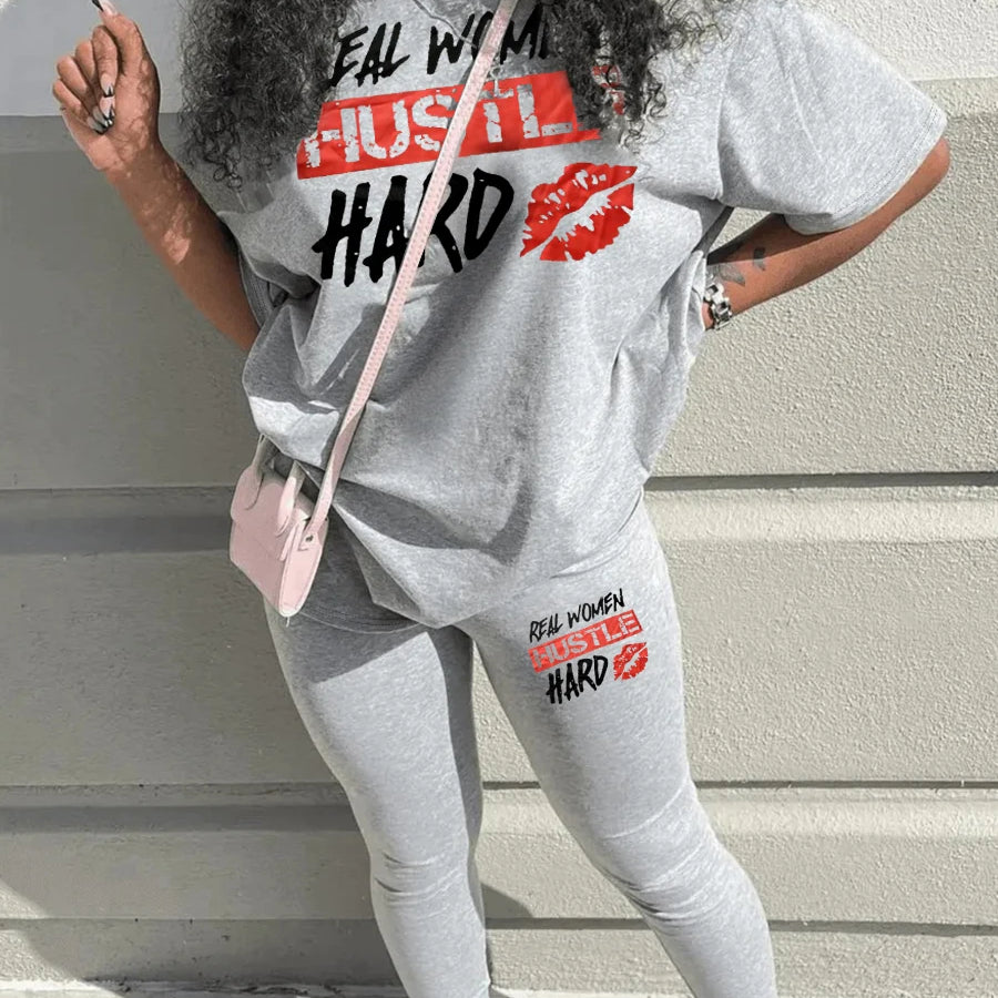 LW Plus Size Two pieces sets Print Pants Set Spring summer casual short sleeve T-shirt + trousers women matching tracksuit set GRAY