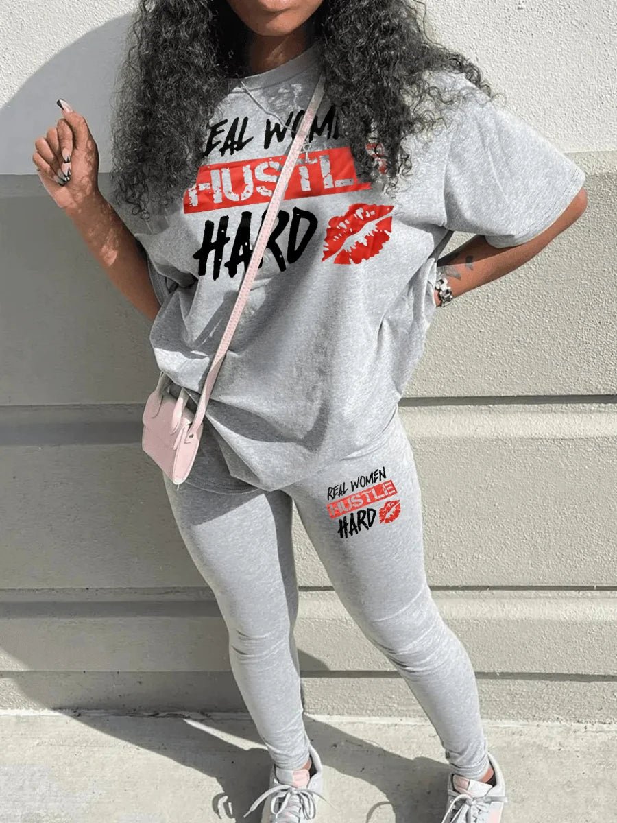 LW Plus Size Two pieces sets Print Pants Set Spring summer casual short sleeve T-shirt + trousers women matching tracksuit set GRAY