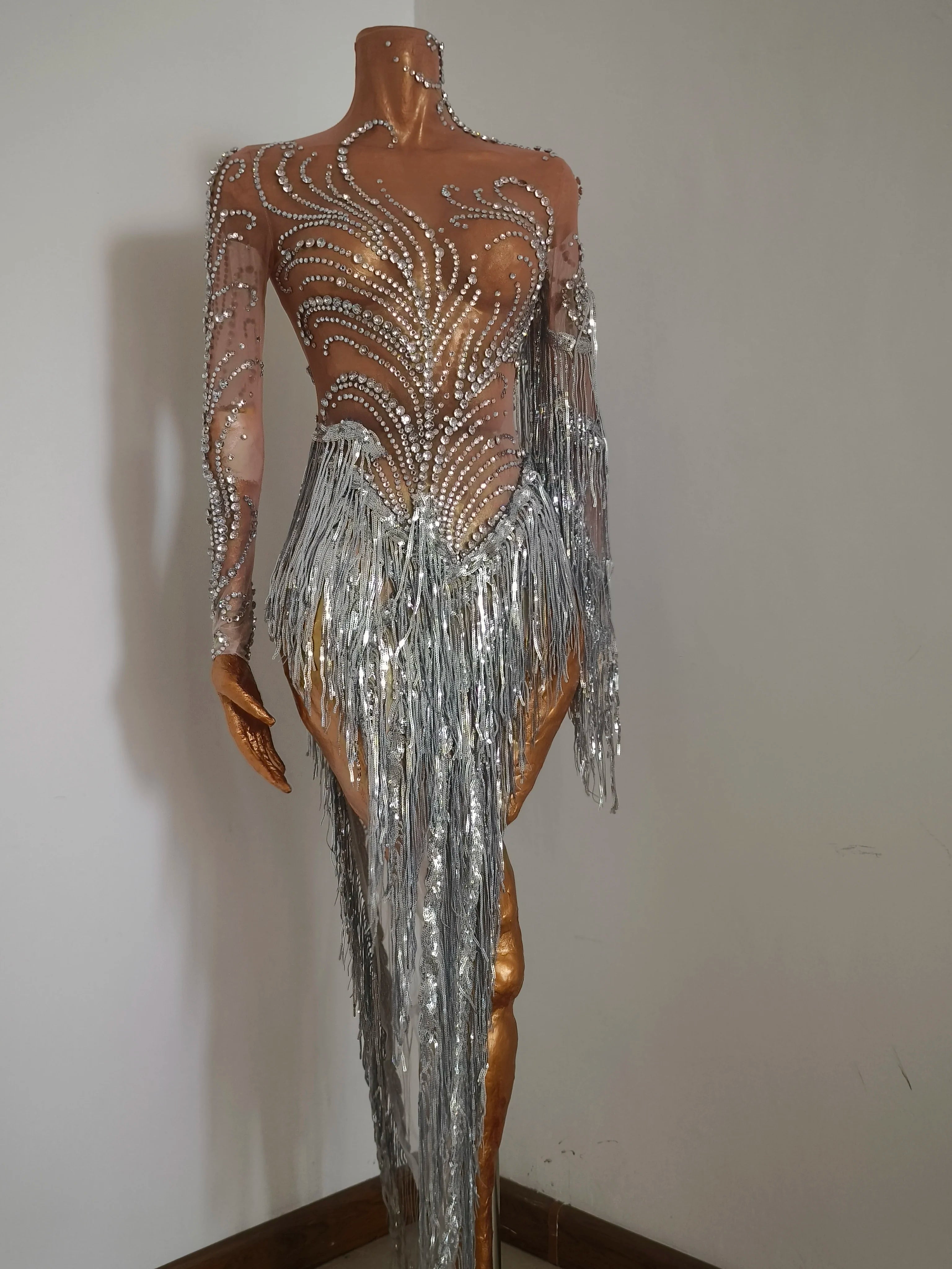 Sparkly Rhinestone Sequins Tassel Sexy Mesh See Through Dress Women Evening Birthday Party Nightclub Dance Singer Stage Outfit Silver