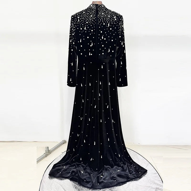 Slimming Luxurious Dresses for Women Round Neck Long Sleeves Patchwork Bead Temperament Dress Female Clothing New