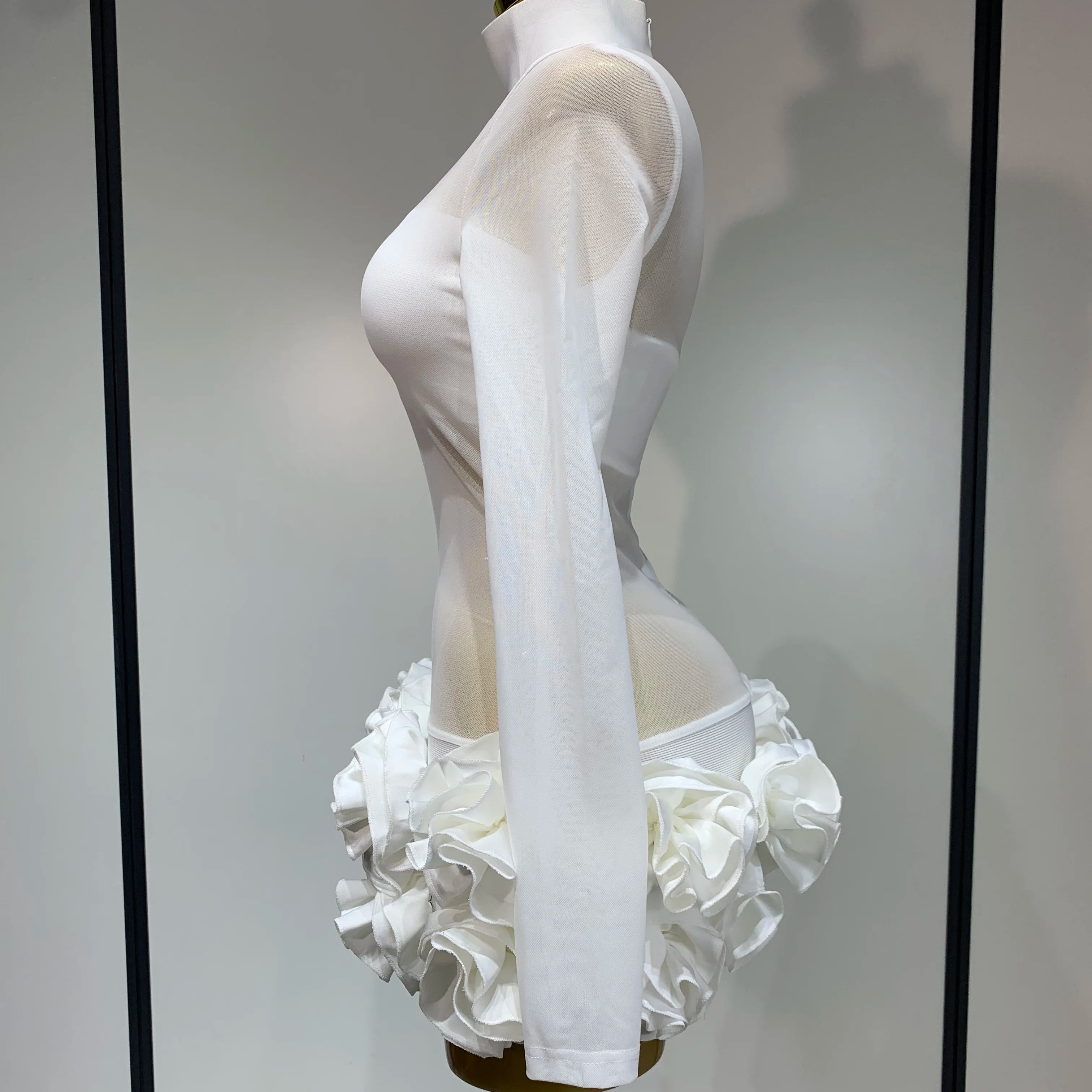 Women Sexy Mesh See through Stereoscopic Flowers White Red Mini Bandage Dress Birthday Evening Party Club Singer Perform Costume