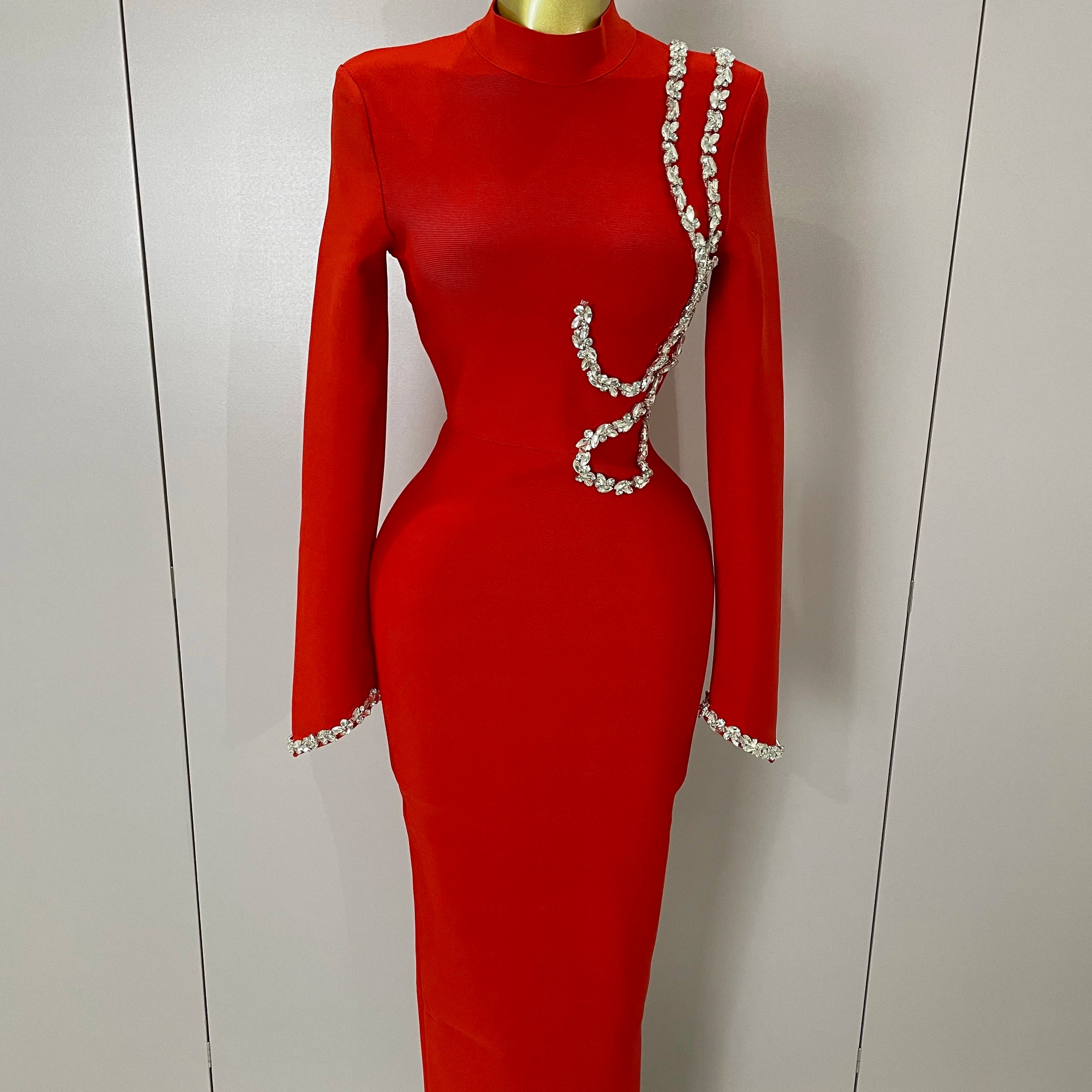 Sexy Long Sleeve Diamonds Maxi Long Bodycon Bandage Dress 2025 Women Celebrity Elegant Evening Party Luxury Birthday Dresses Red