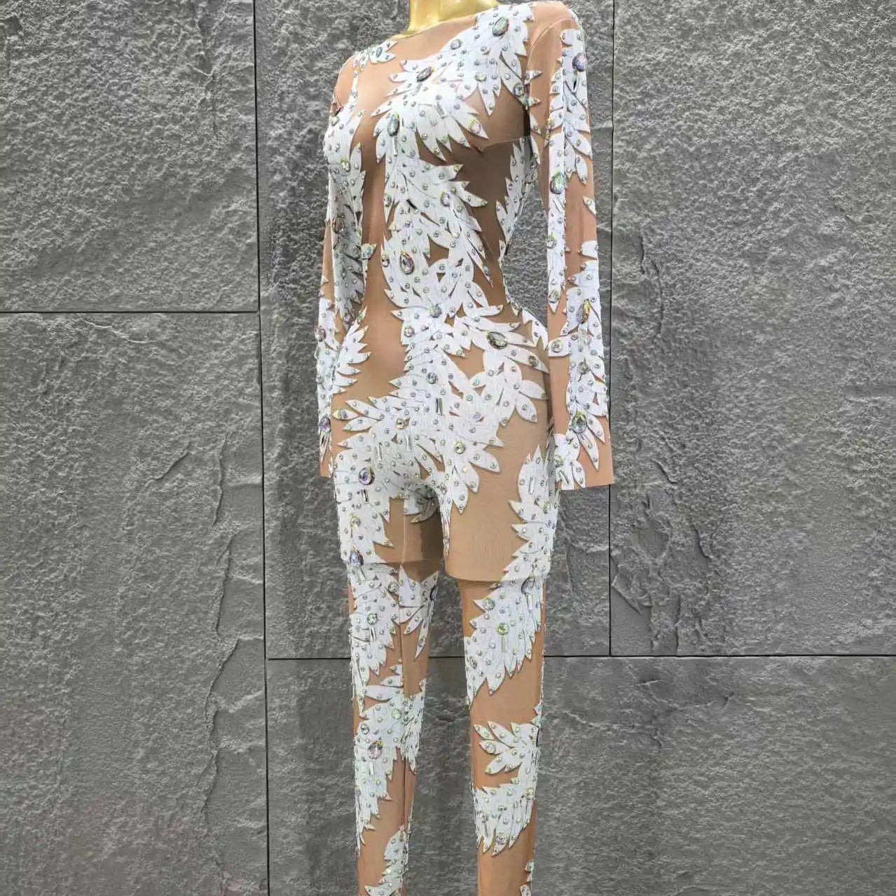 Wholesale Women Sexy Long Sleeve Shinning Rhinestones Bodycon Jumpsuit Celebrate Nightclub Party Performance Costume Stage Wear