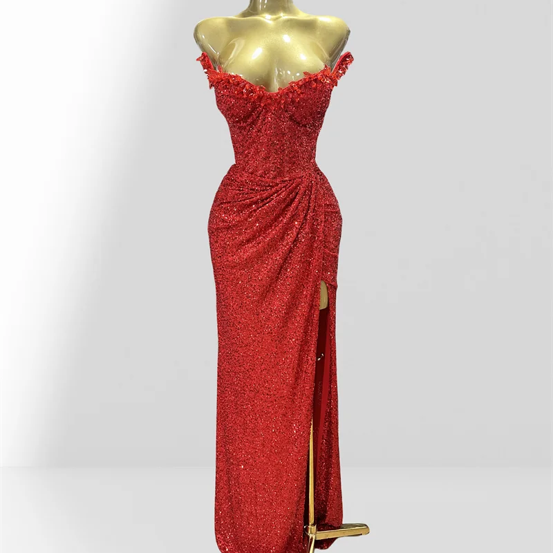 Haute Couture Red Sequins Sexy Off The Shoulder High Split Ankle Lenght Dress Woman Birthday Party Dress Celebrity Patry Outfit Red