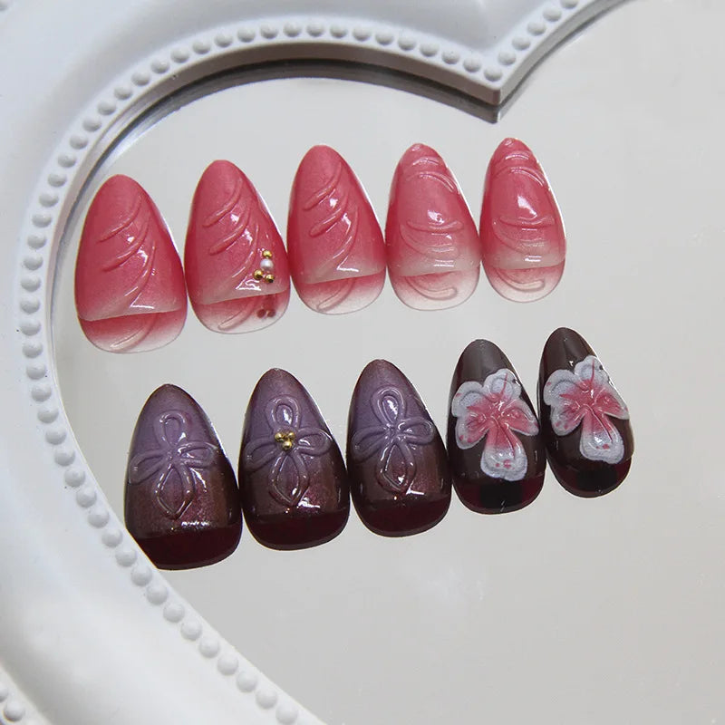 24pcs Flower Printed Fake Nail Tips INS Gradient Color Short Almond False Nails for Women Wearable European Press on Nails