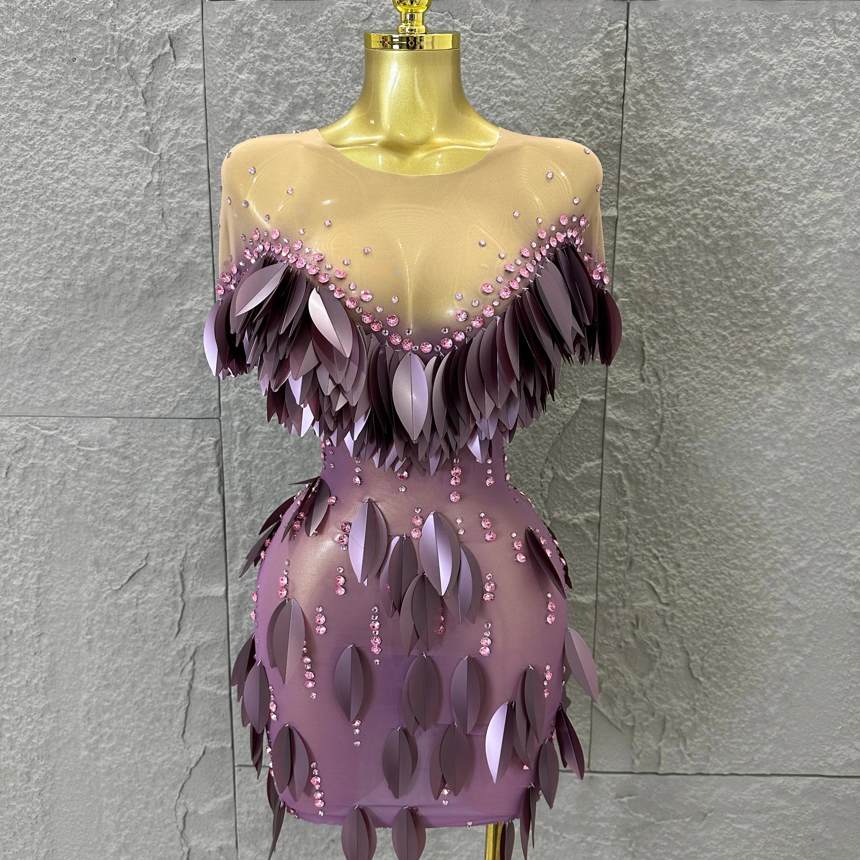 Sparkly 2026 Purple Sheer Mesh Dress Women Sexy Illusion Neck Rhinestone 3D Leaf Fringe Bodycon Evening Gala Nightclub Outfit Lavender