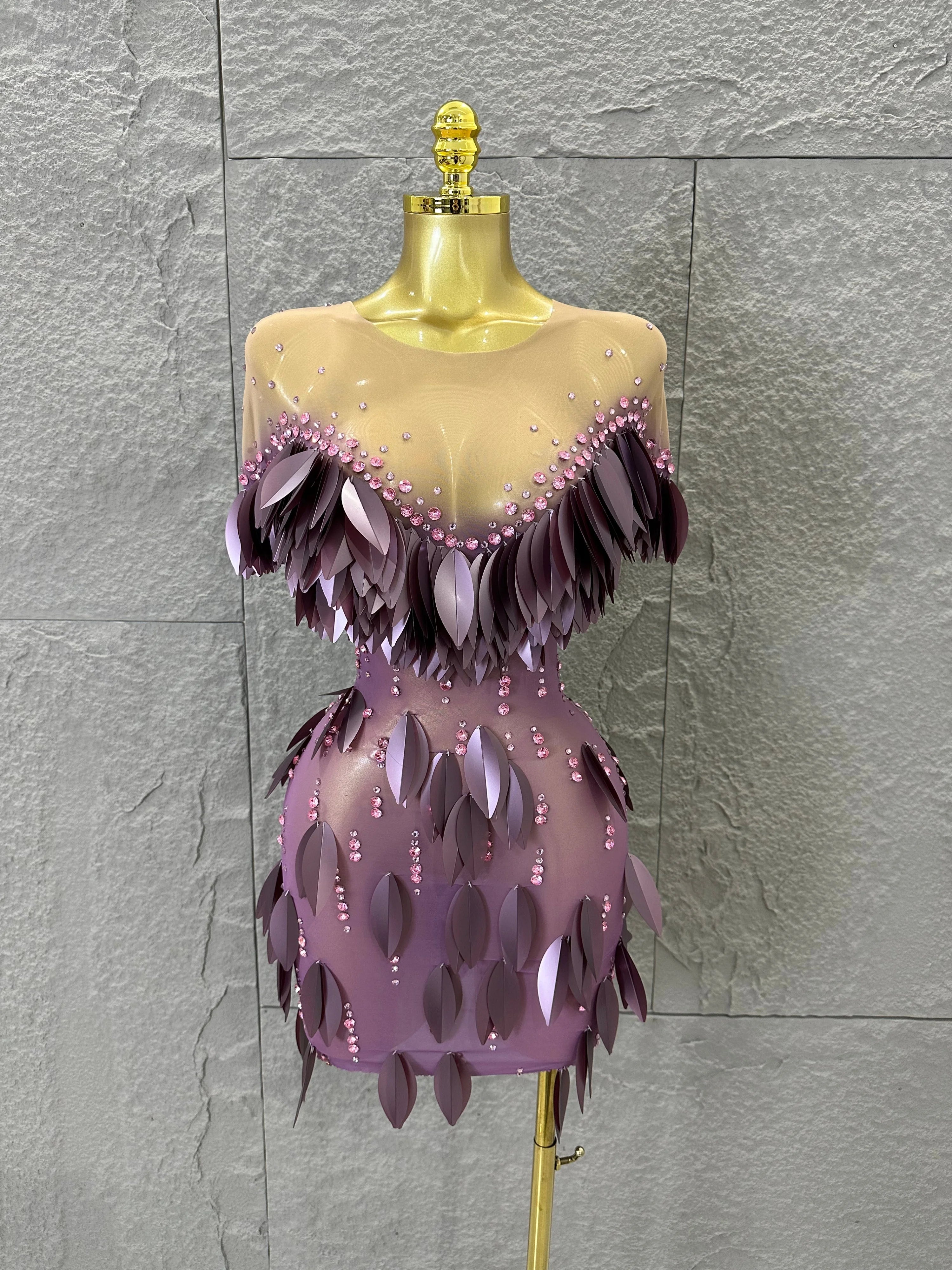Sparkly 2026 Purple Sheer Mesh Dress Women Sexy Illusion Neck Rhinestone 3D Leaf Fringe Bodycon Evening Gala Nightclub Outfit Lavender