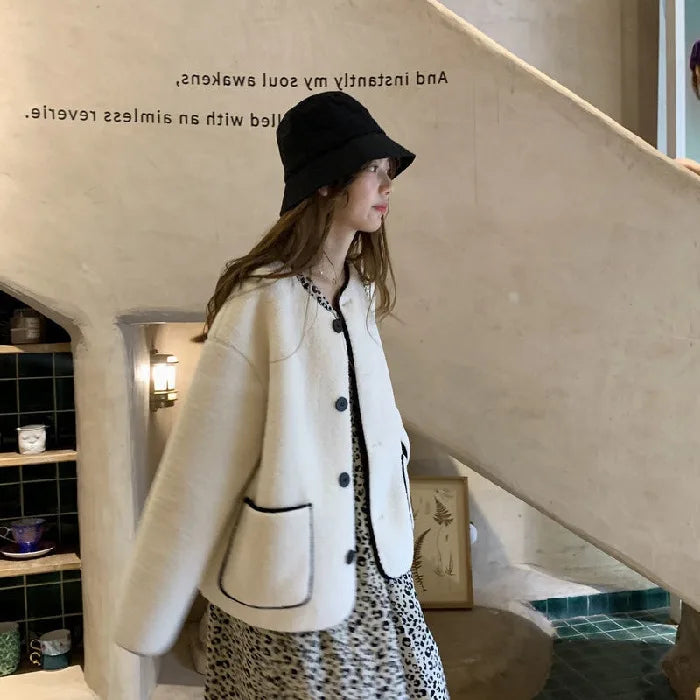 Women Autumn Winter Warm Teddy Coat Berber Fleece Round Collar Short Jacket Plush Outerwear Female Fashion Streetwear Clothes eige