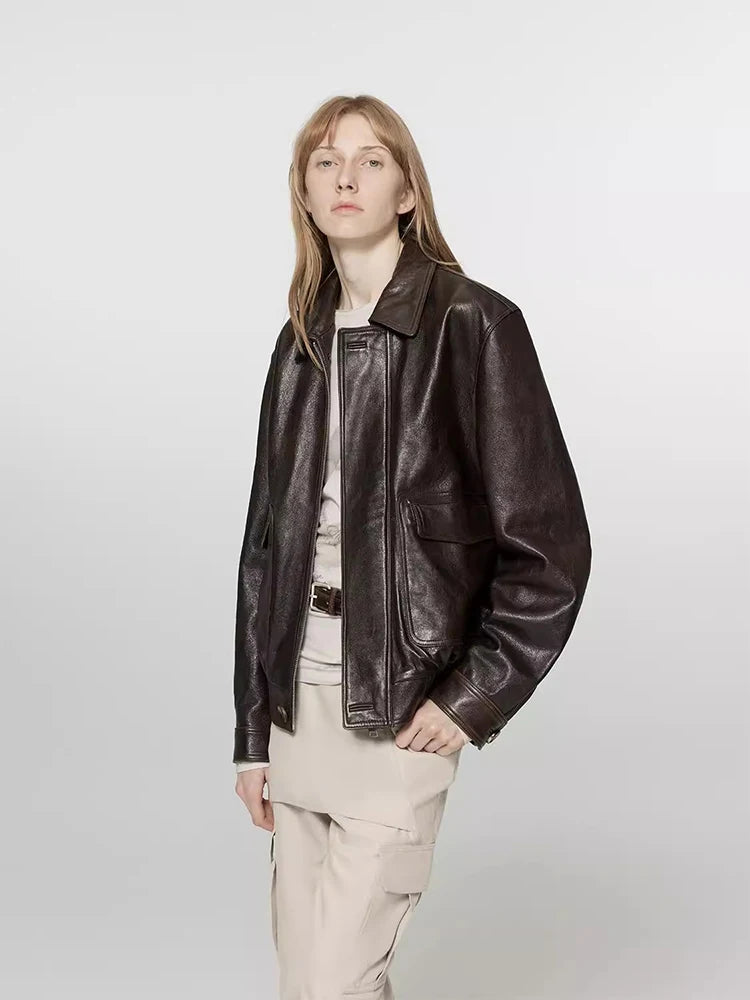 Lautaro Spring Autumn Short Distressed Brown Pu Leather Jacket Women Zipper Pockets Luxury Designer American Retro Clothes 2025