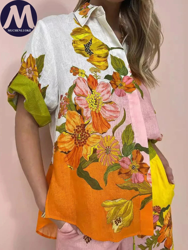 Sets for Women 2 Pieces Summer New Summer Graffiti Print Half Sleeve Shirt Suits Fashionable Loose High Waisted Women's Pant Set