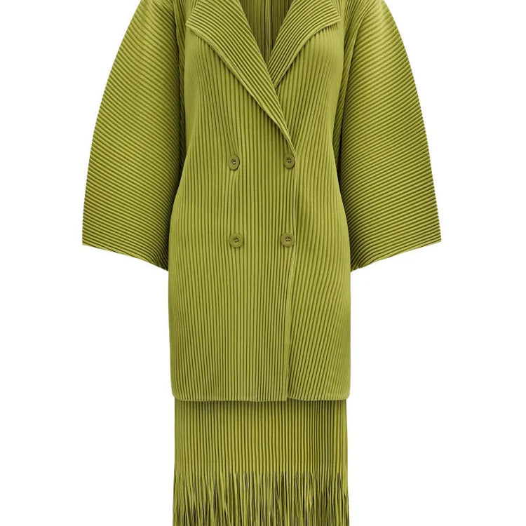 LANMREM Fashion Pleated 2 Piece Set Women Double Breasted Blazer Tassel Design Skirt Solid Color Spring New Clothing 32C701