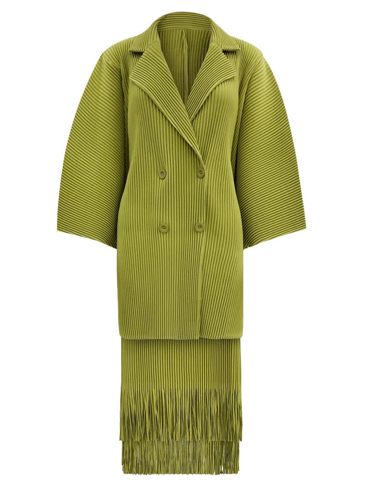 LANMREM Fashion Pleated 2 Piece Set Women Double Breasted Blazer Tassel Design Skirt Solid Color Spring New Clothing 32C701