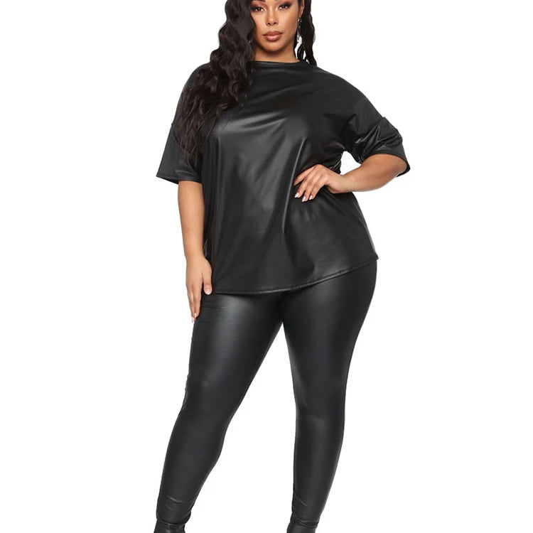 Women Summer Clothes Leather Outfit 2 Piece Set Short Sleeve Blouse Top and Stretchy Leggings Ladies Plus Size Pu Suits in Black black