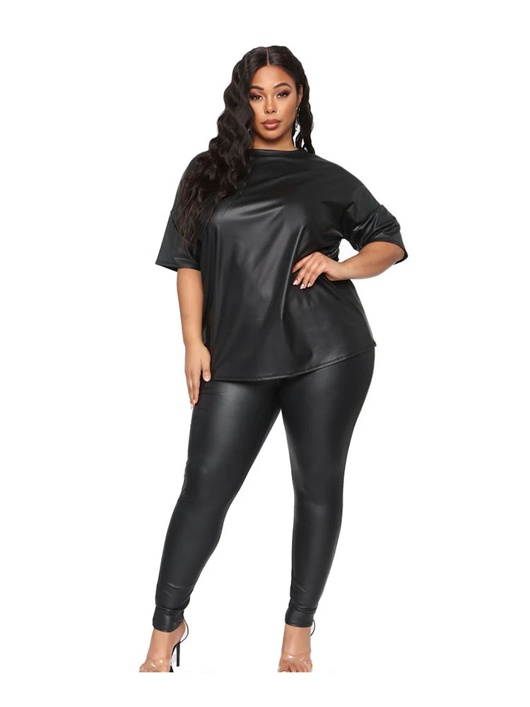 Women Summer Clothes Leather Outfit 2 Piece Set Short Sleeve Blouse Top and Stretchy Leggings Ladies Plus Size Pu Suits in Black black