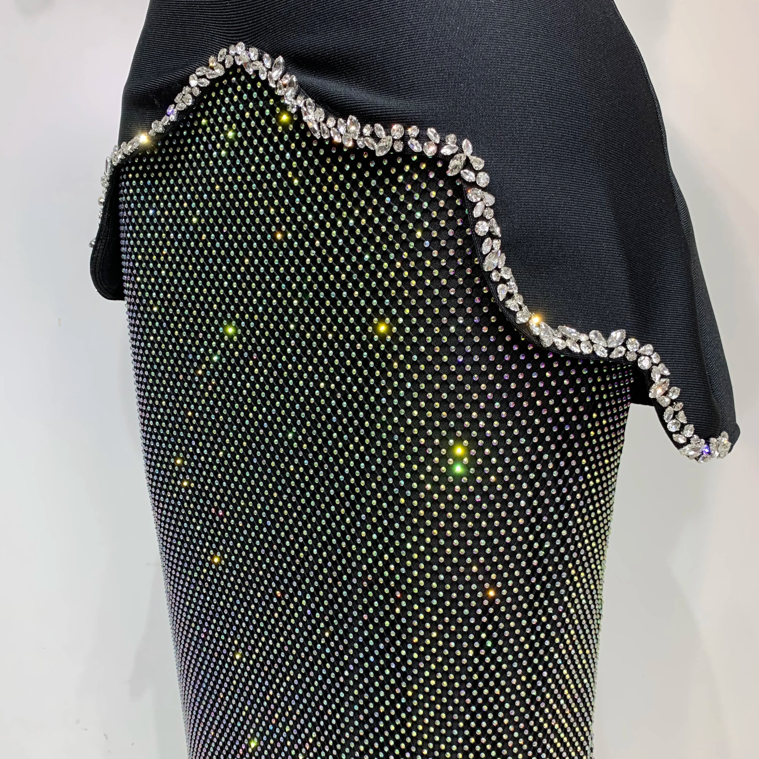 Black Design Sleeveless Rhinestone Top + Hot diamond Skirt Suit Evening Party Dress Nightclub Luxury Birthday Gown