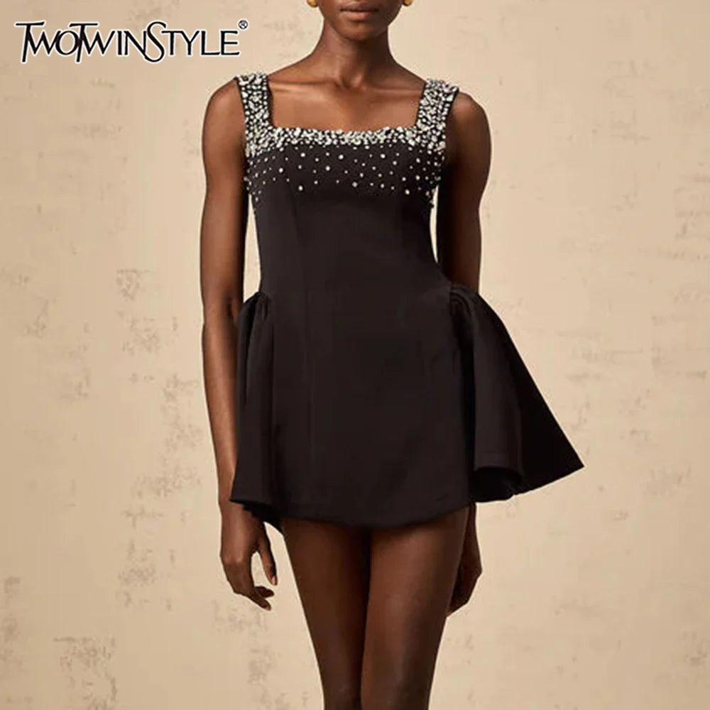 Solid Slimming Fashion Dresses for Women Square Neck Sleeveless Patchwork Diamonds Tunic Dress Female Clothing New