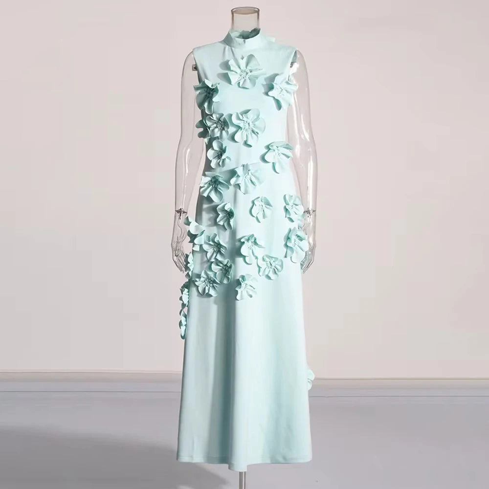 Solid Spliced Lace Up Dress For Women Stand Collar Sleeveless High Waist Patchwork Applique Maxi Dresses Female BLUE