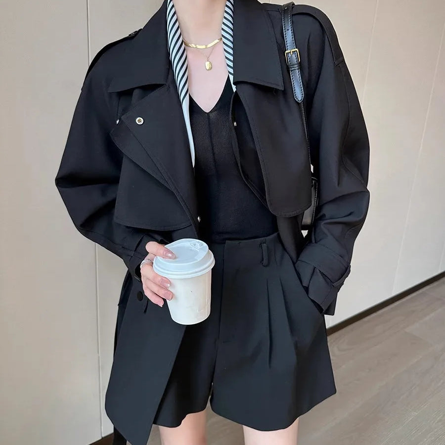 Lautaro Spring Autumn Black Trench Coat for Women Belt Double Breasted Elegant Stylish Chic Luxury Designer Clothes Fashion 2025