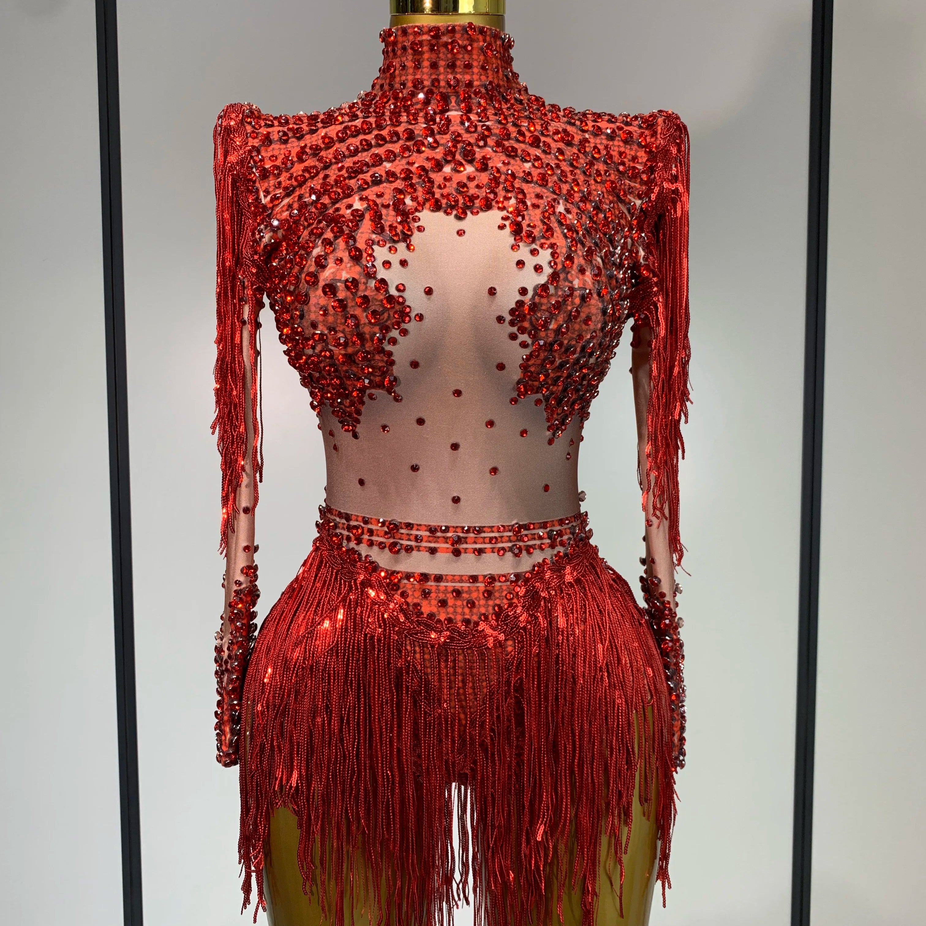 Women Long Sleeve Sexy Stretch Bodycon Shinning Tassels Rhinestones Bodysuit Celebrate Birthday Club Evening Party Stage Outfit Red