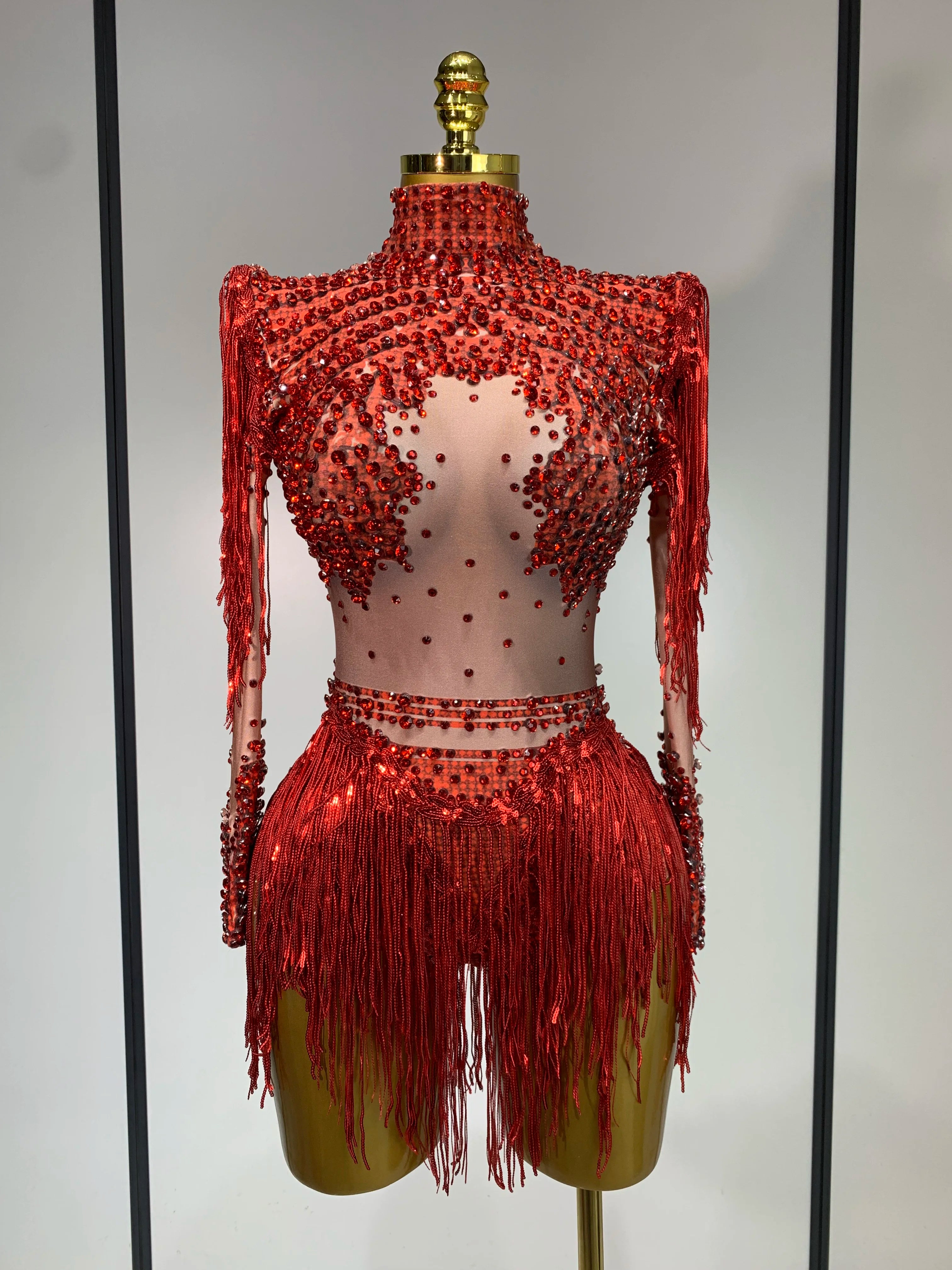 Women Long Sleeve Sexy Stretch Bodycon Shinning Tassels Rhinestones Bodysuit Celebrate Birthday Club Evening Party Stage Outfit Red