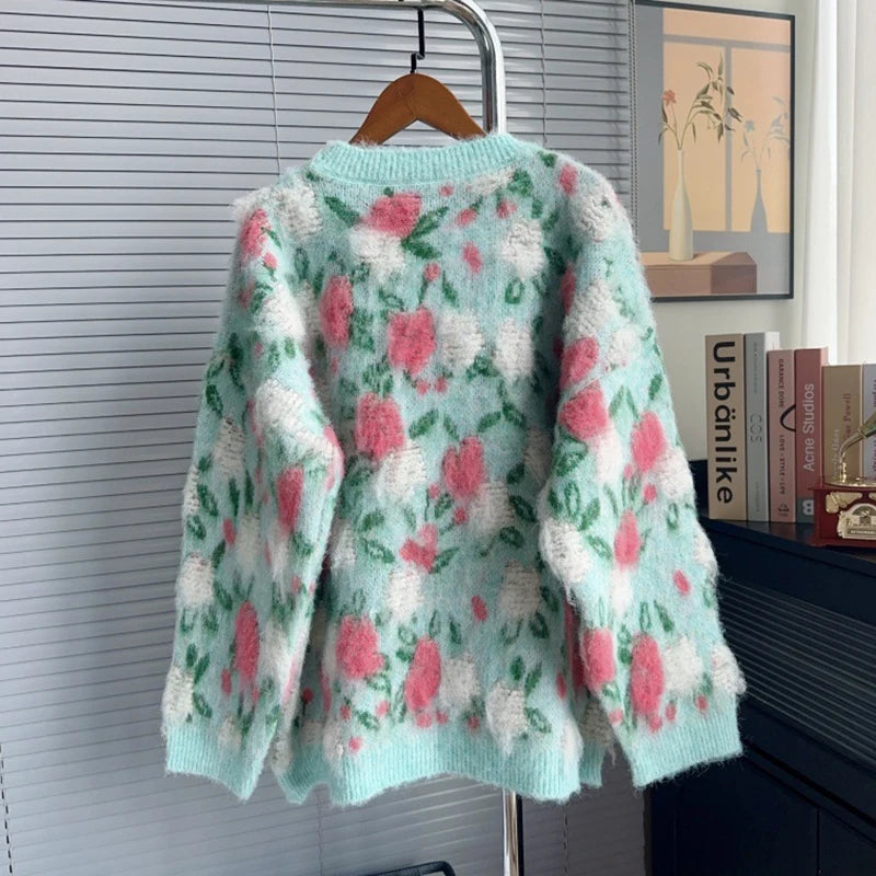 Autumn Winter New Fashion Heavy Industry 3D Pink Flower Pullover Sweater For Women Loose Lazy Style Knitted 11A07837
