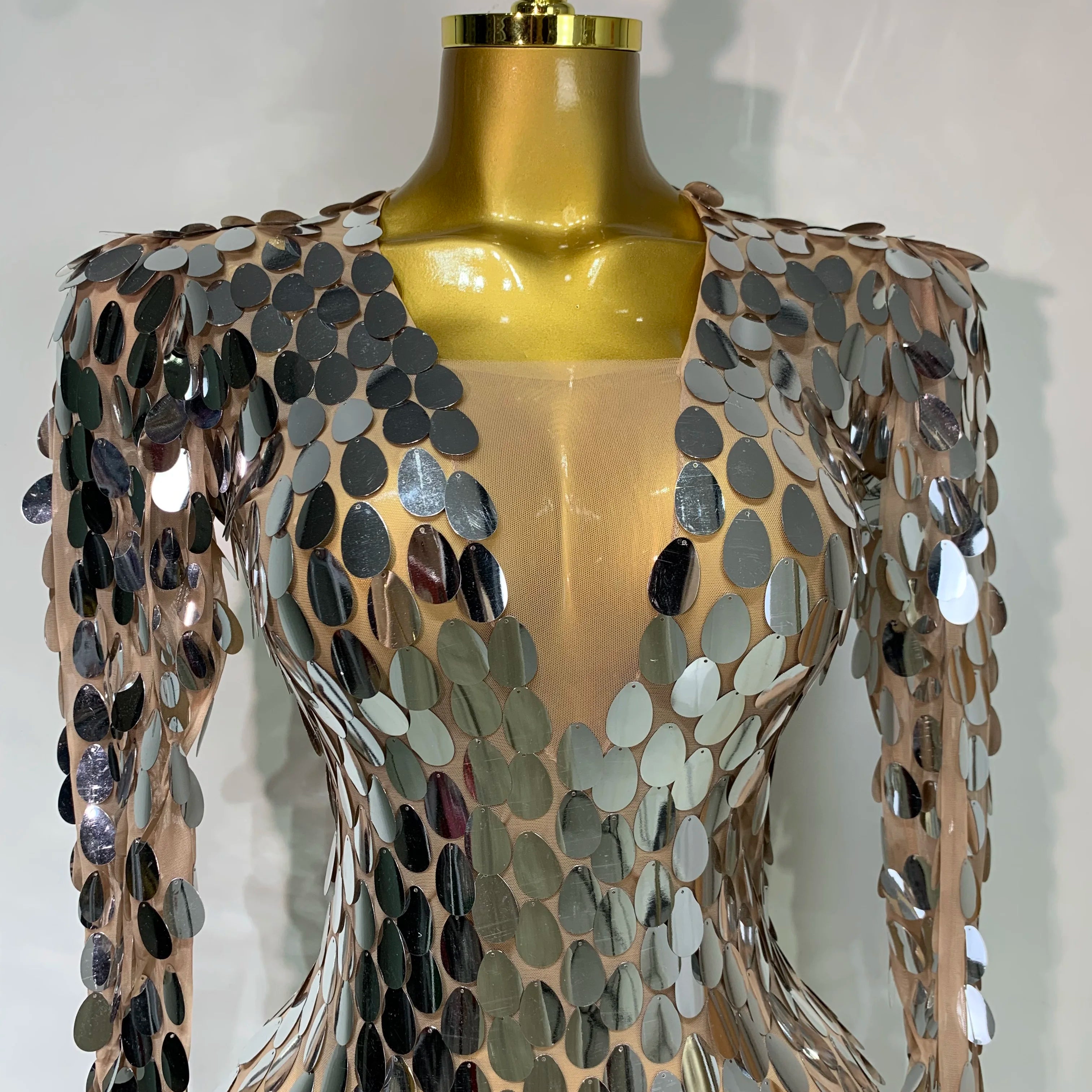 Women Sexy Mesh Stretch Sparkly Sequins Stage Performance Costume Dancer Singer Nightclub Evening Party Luxury Birthday Dress