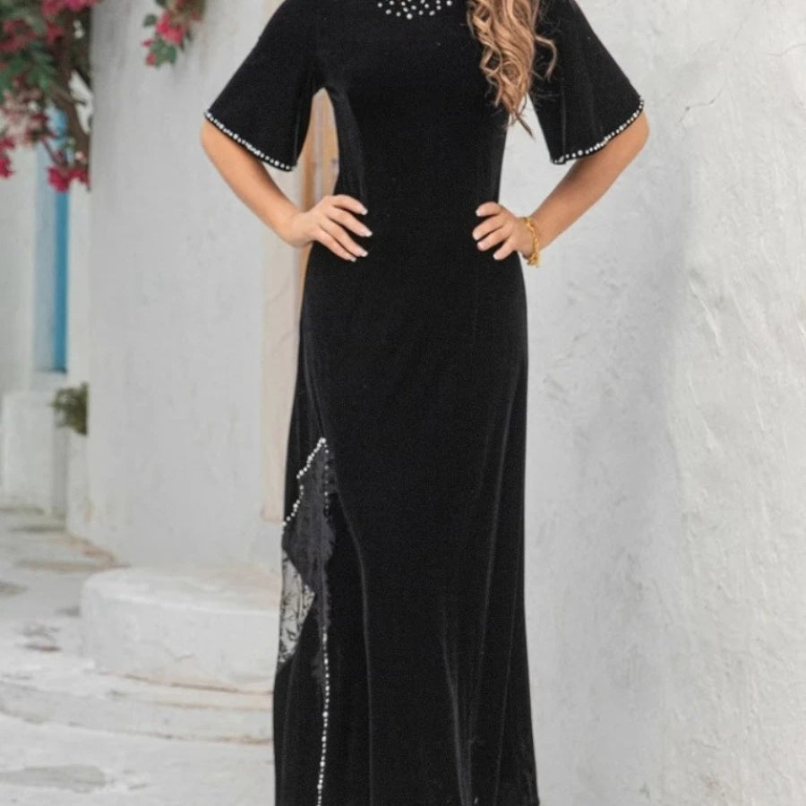Slimming Split Spliced Bead Elegant Dresses for Women Round Neck Half Sleeves Patchwork Lace Dress Female Clothing