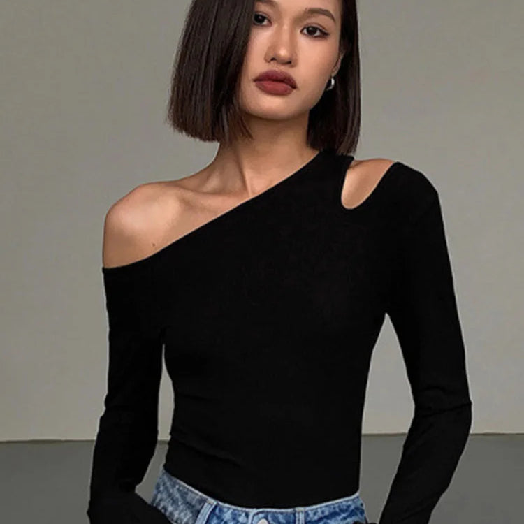 Fashion Skew Collar Off-shoulder Long-sleeved T-shirts Women Spring New Solid Slim Fit Crop Top Sexy Hollow Out Tees Shirts