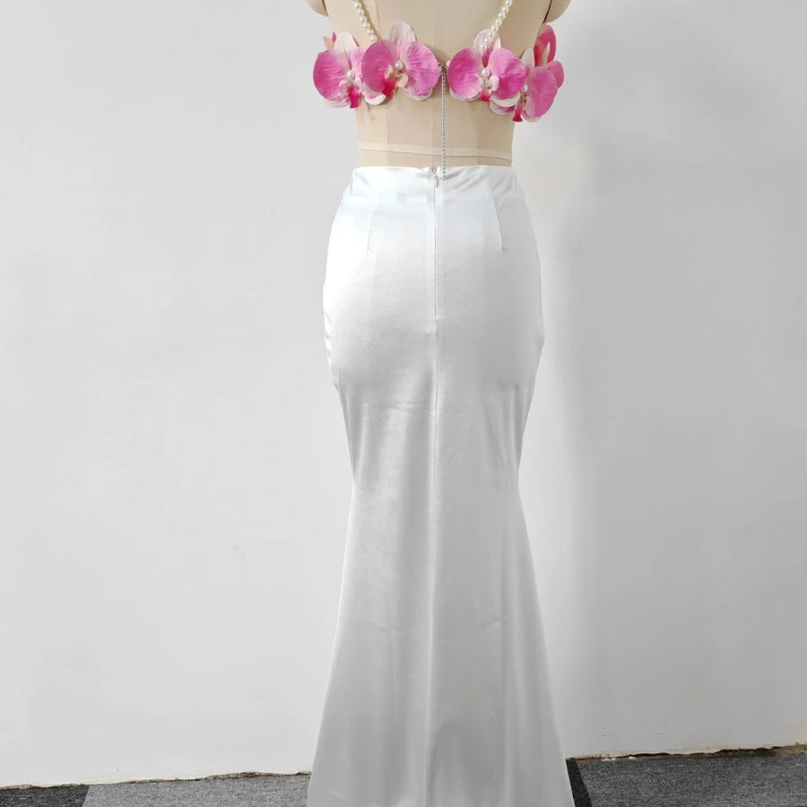 Hit Color Spliced Applique Two Piece Sets for Women Square Neck Sleeveless Vest High Waist Skirt Elegant Set Femlae