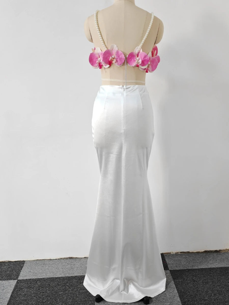 Hit Color Spliced Applique Two Piece Sets for Women Square Neck Sleeveless Vest High Waist Skirt Elegant Set Femlae