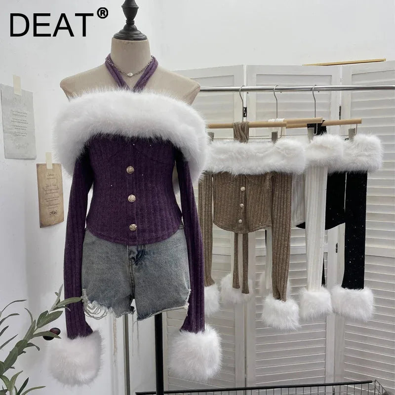 Spring New Detachable Fur Collar Lace-Up Halter Neck Off-Shoulder Knit Sweater For Women Slim Fit Short Top 11A07918