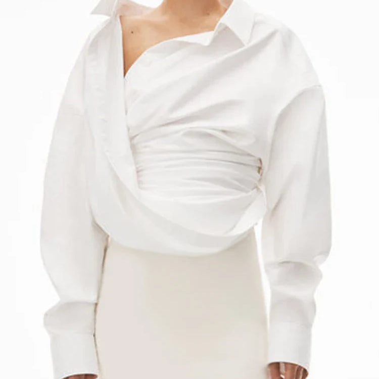 Solid Irregular Designer Blouses For Women Lapel Long Sleeve Patchwork Button Casual Blouse Female Fashion Clothing WHITE