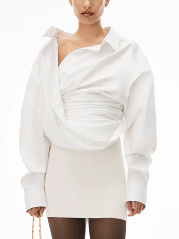 Solid Irregular Designer Blouses For Women Lapel Long Sleeve Patchwork Button Casual Blouse Female Fashion Clothing WHITE