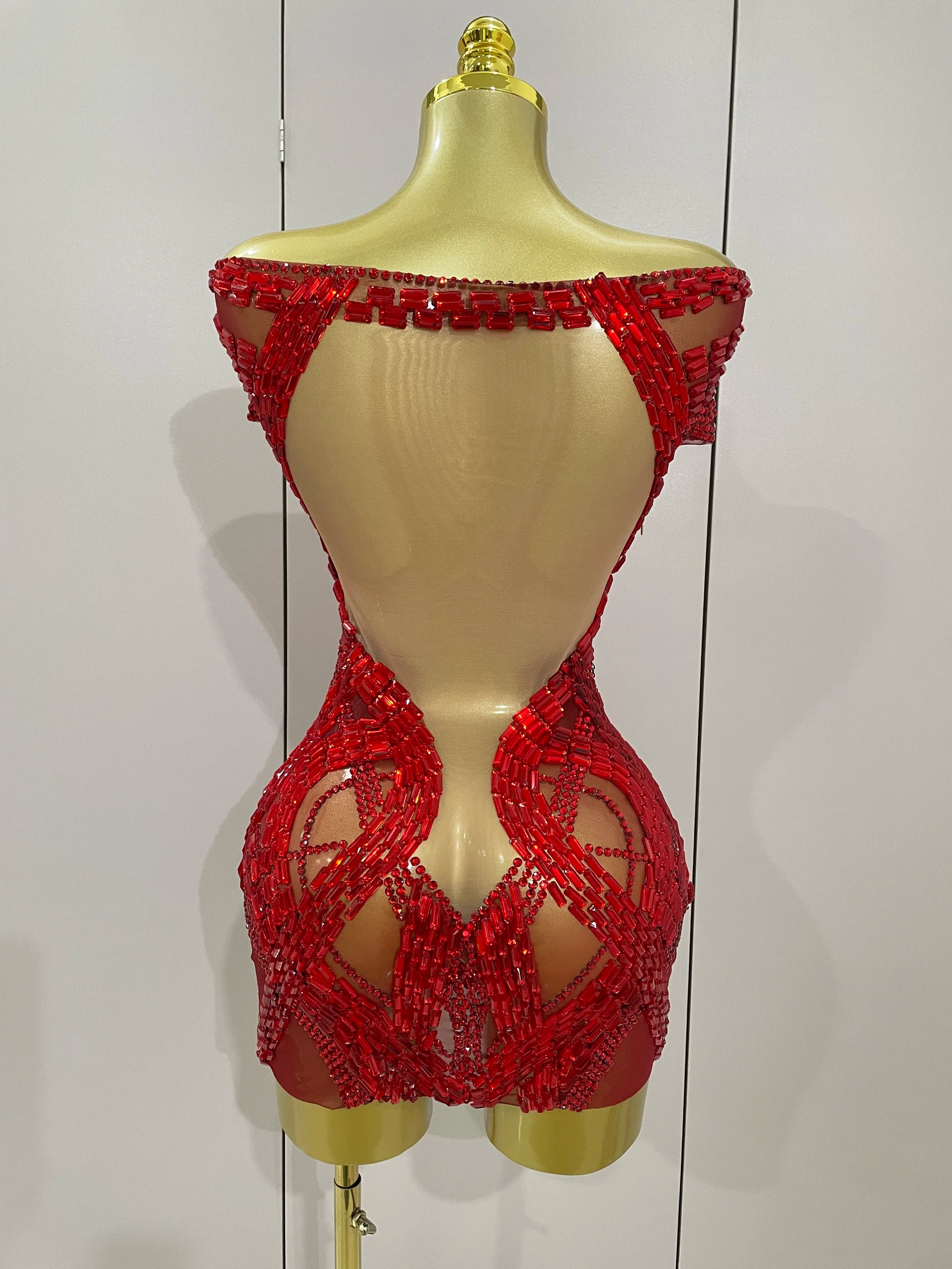 2025 Shining Red Rhinestones Sexy Mesh See-Through Mini Dress Women Celebrate Evening Prom Birthday Party Dress Stage Shoot Wear