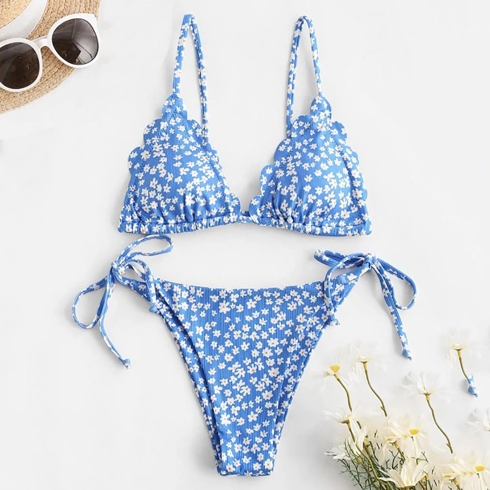 Bikini Women Y2k Two Piece Floral Print Swimsuit Trendy Suspender Lace Up Bikini Swimwear Summer Hawaiian Bathing Suit Blue