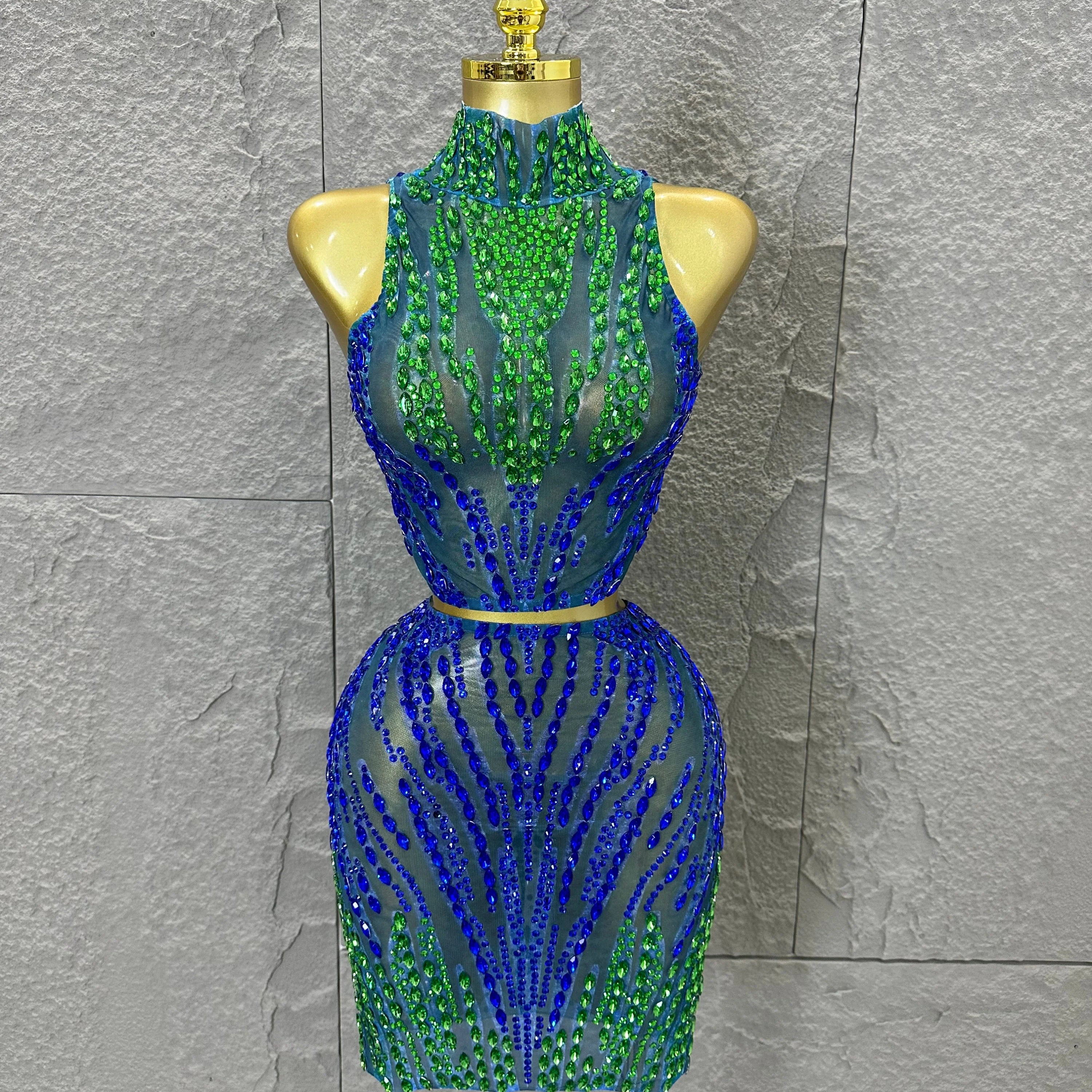 Sexy Blue Green High Neck Two Piece Set Women Sheer Mesh Full Crystal Crop Top Mini Skirt Outfit Formal Event Party Costume