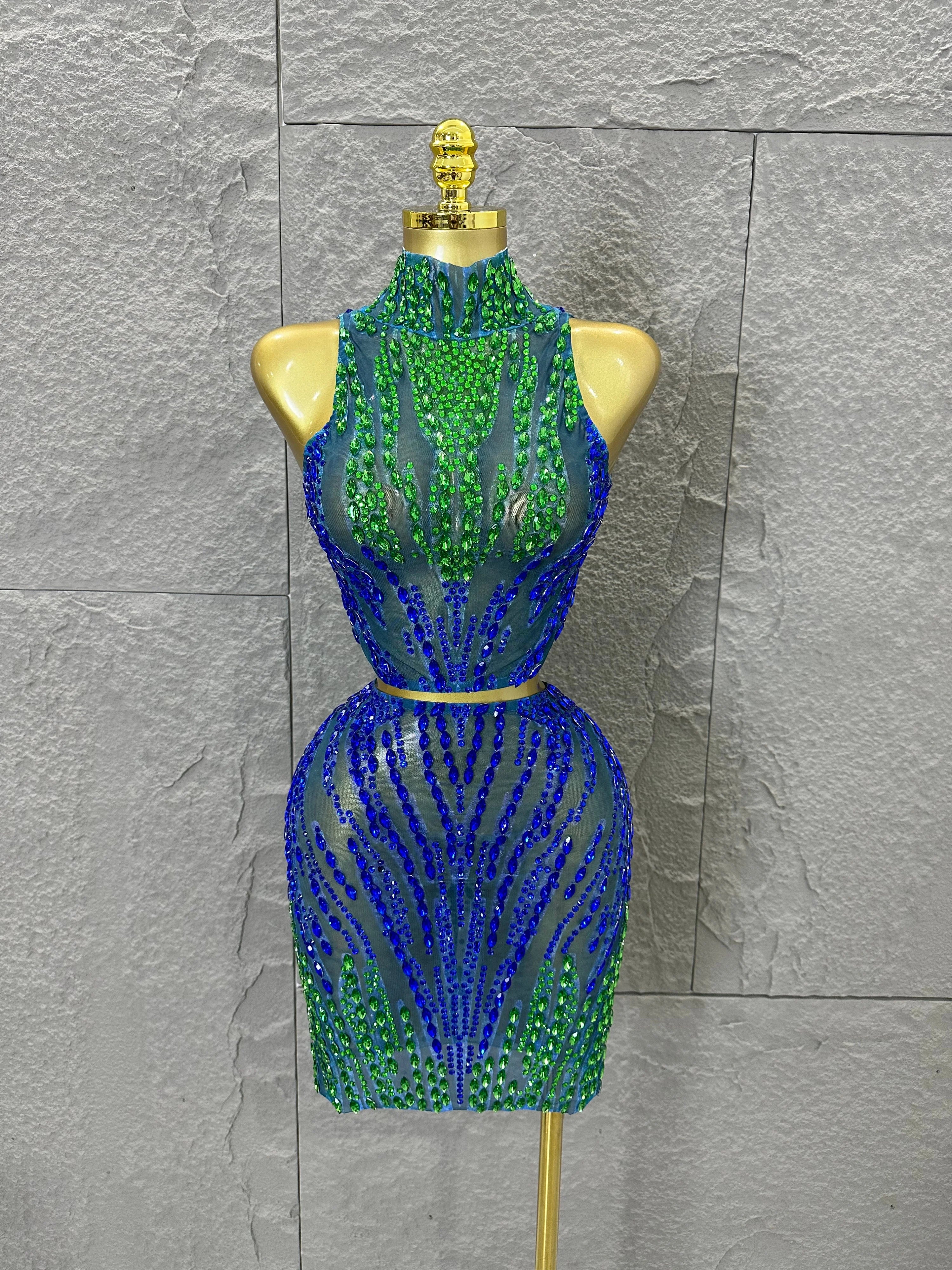 Sexy Blue Green High Neck Two Piece Set Women Sheer Mesh Full Crystal Crop Top Mini Skirt Outfit Formal Event Party Costume