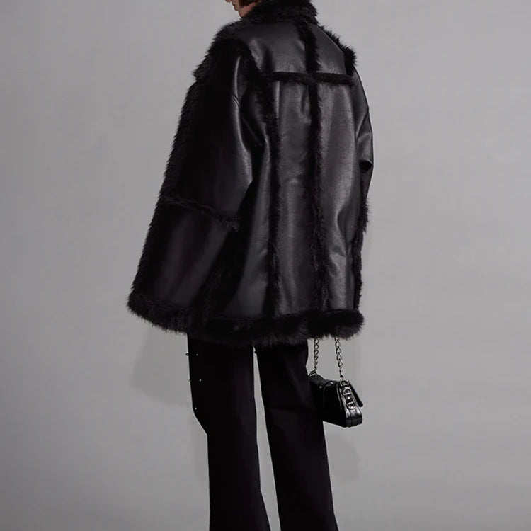 Autumn Winter Cool Loose Black Thick Warm Soft Hairy Faux Sheepskin Coat Women Luxury Designer Clothes Fluffy Jacket