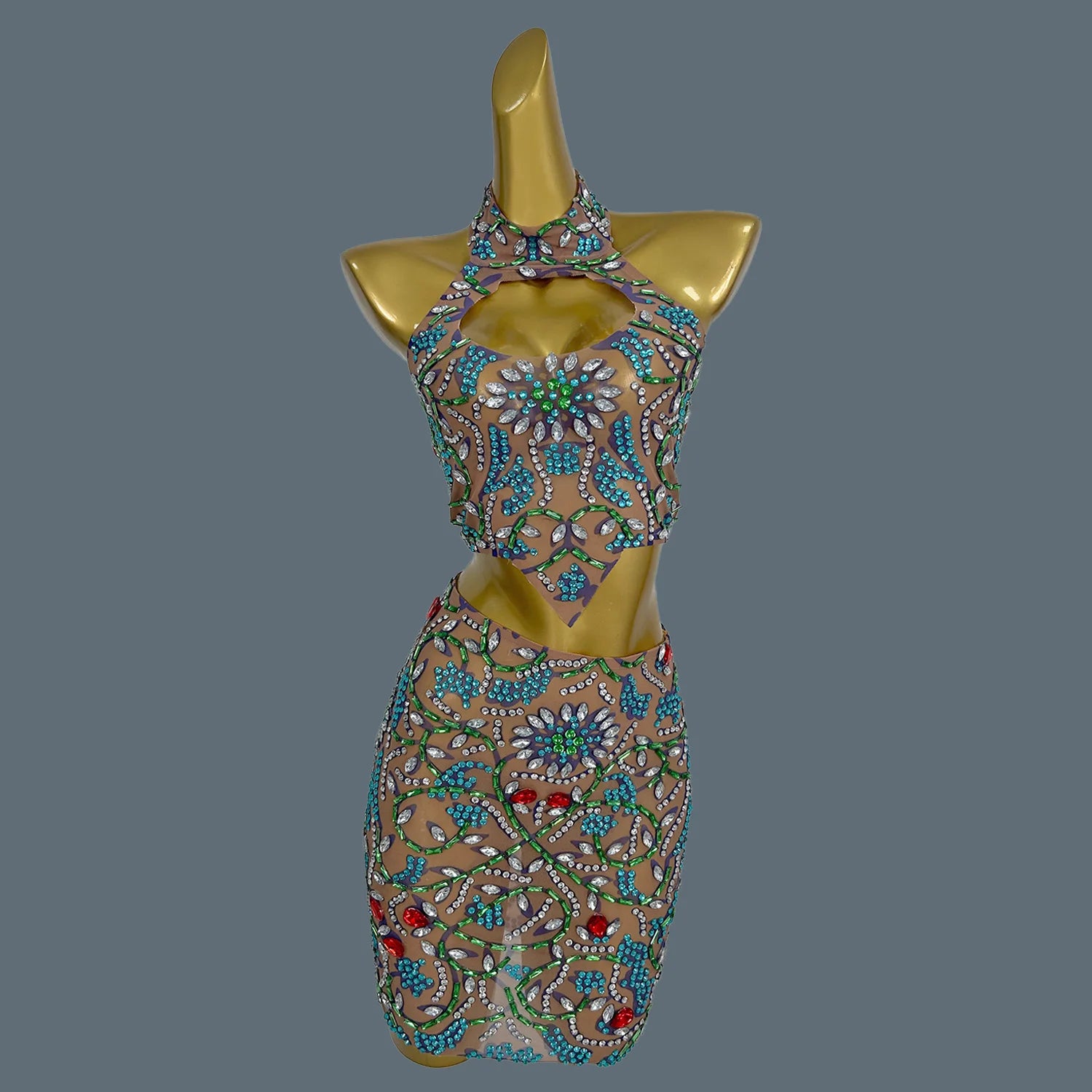 Sparkly Diamond Sexy Crop Top Skirt Set Backless DJ Club Stage Show Two Piece Sets Women Outfit Nightclub Party Dress Huacong as photo