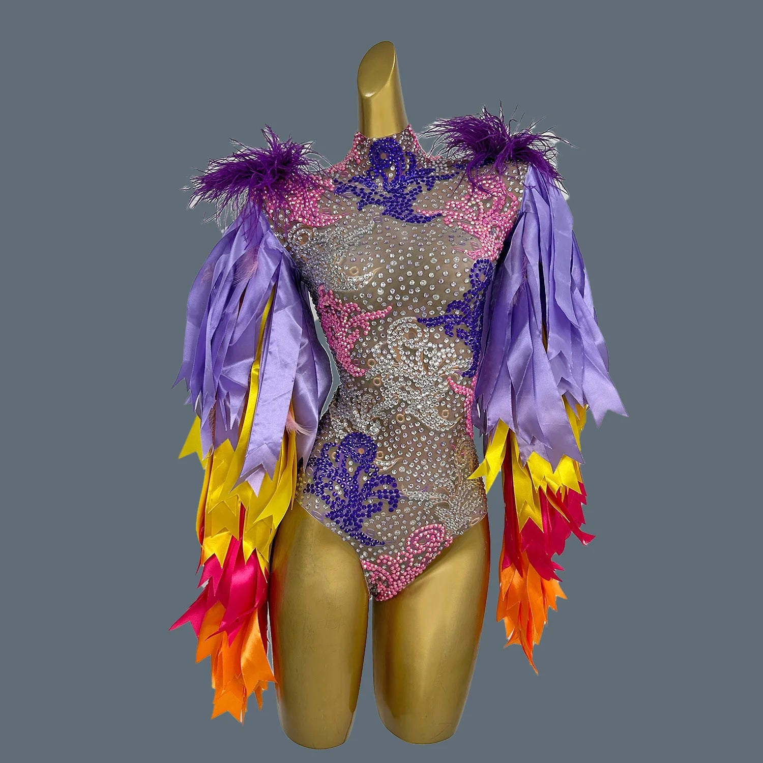 Fashion Stage Wear Ribbon Strip Feather Rhinestone Bodysuit Women Nightclub Bar Party Outfit Performance Dance Costume Caidai Mixed Color