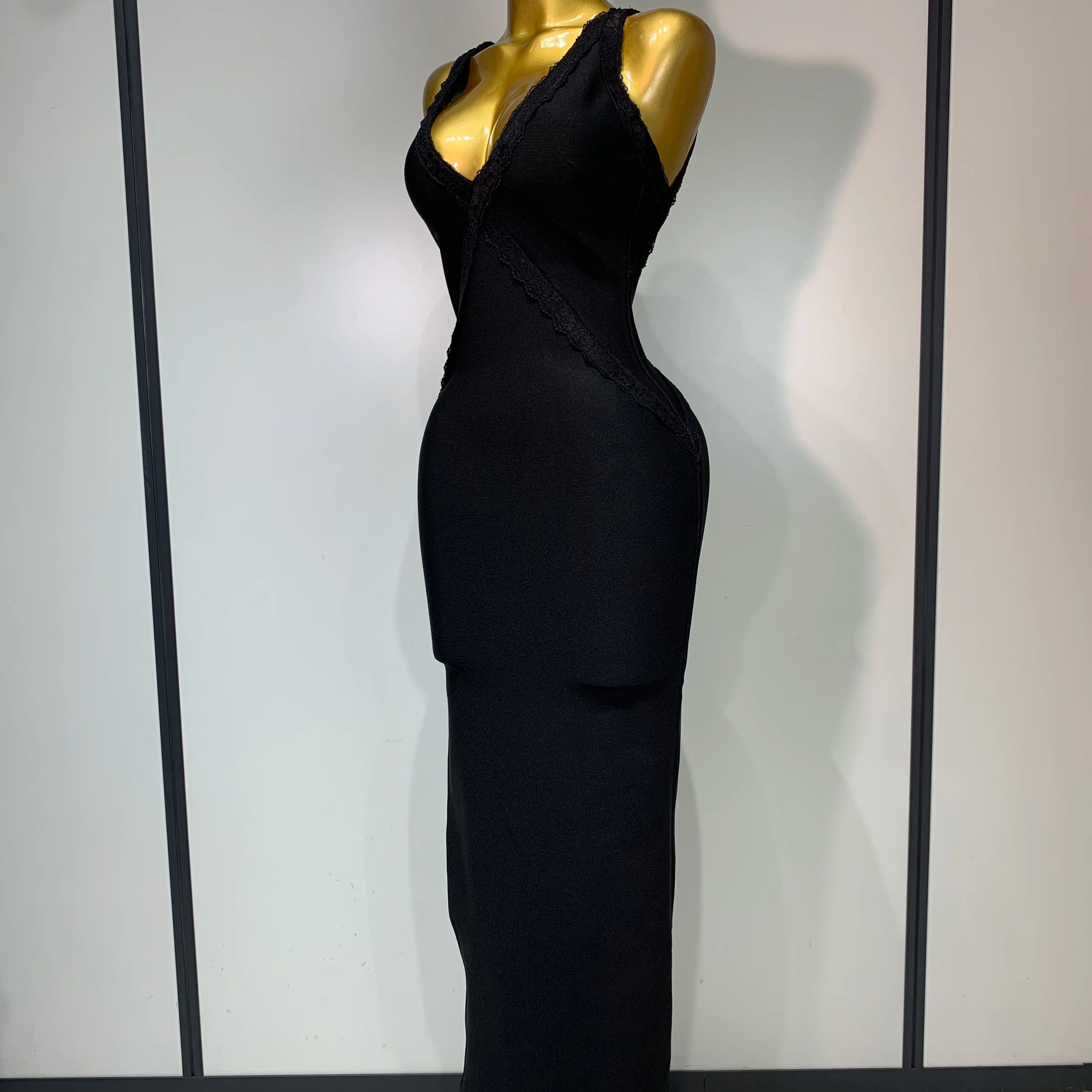 Sexy V Neck Black Lace Prom Dress Sleeveless Evening Party Gown Celebrity Elegant Luxury Birthday Club Dresses