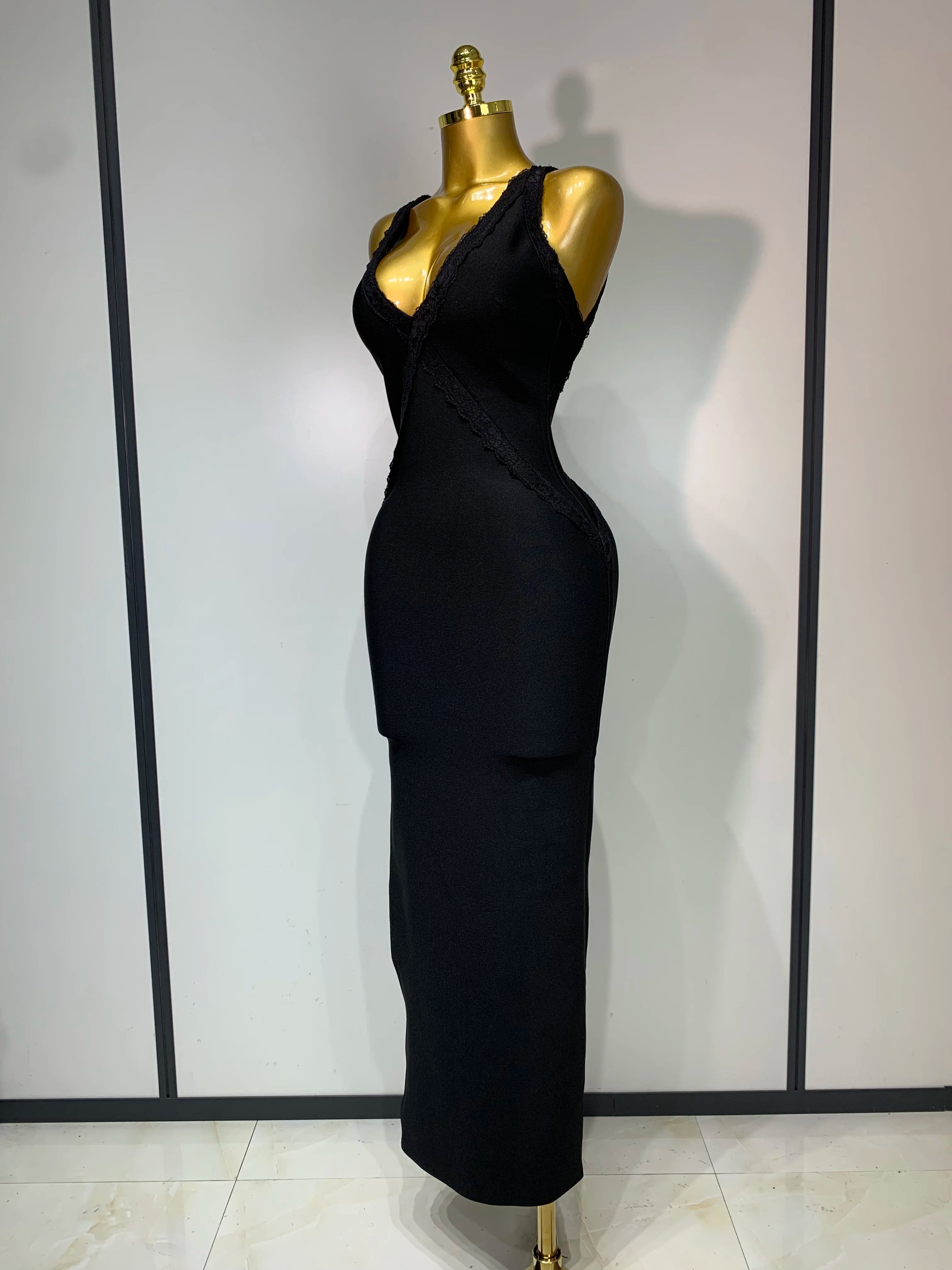 Sexy V Neck Black Lace Prom Dress Sleeveless Evening Party Gown Celebrity Elegant Luxury Birthday Club Dresses