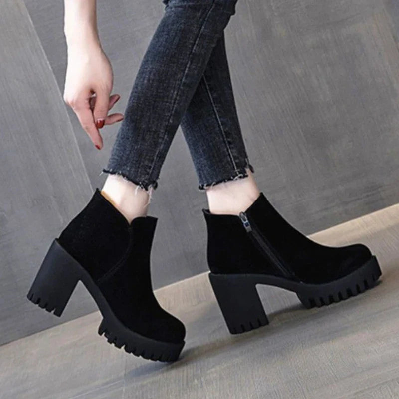 Footwear Punk Style Booties Black Female Ankle Boots Very High Heels Combat Short Shoes for Women Heeled Suede Winter Sale