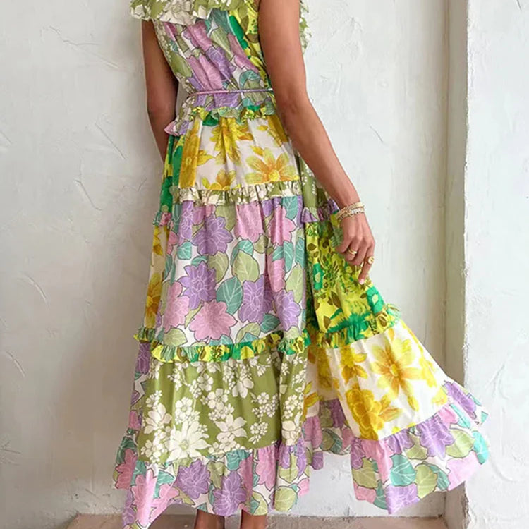 LGRQ Trendy Ruched Hemline Design Printed Long Dresses Summer Ruffle Fashion Sleeveless Elegant Luxury Dress Girls 19F1381