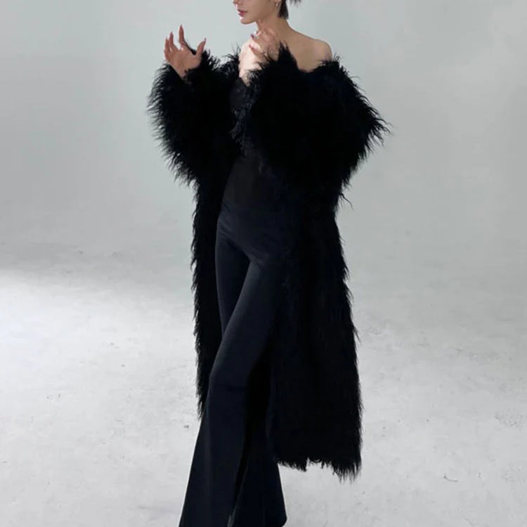 Winter Long Black Hairy Shaggy Thick Warm Soft Fluffy Faux Fur Coat Women Sashes Luxury Designer Overcoat Runway Fashion