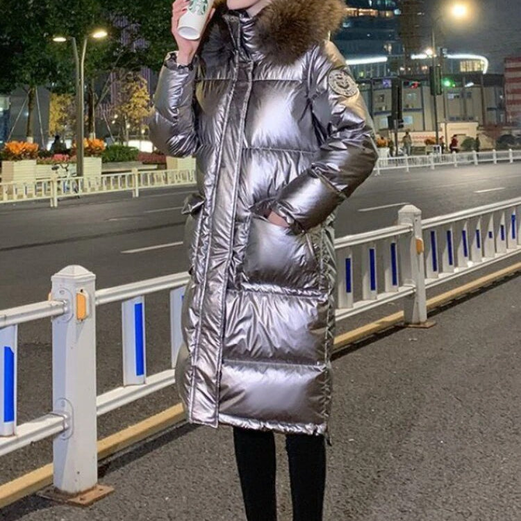 Woman Winter Parkas New Glossy Wash Free Down Cotton Jacket Below The Knees Long Style Hooded Fur Collar Thicken Women's Coat Silver Gray