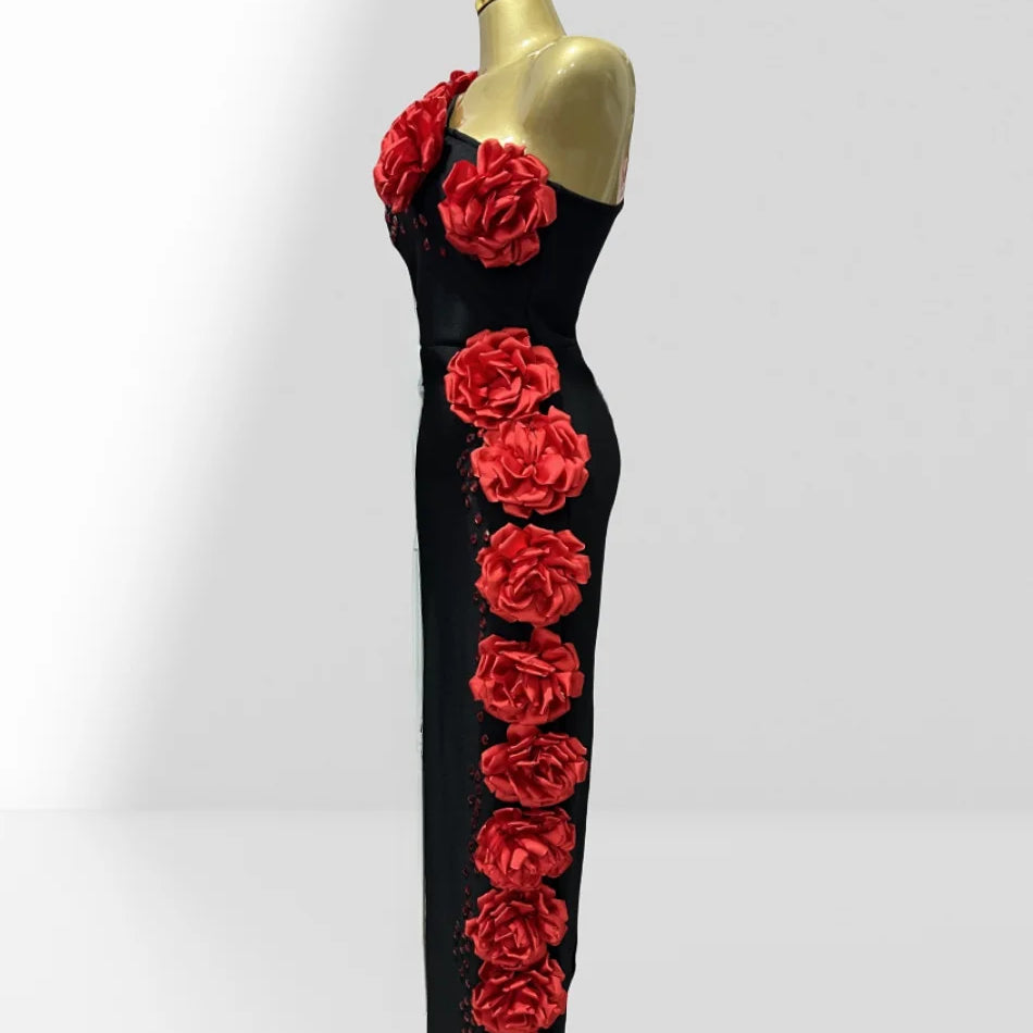 2025 New Red Flowers Shining Diamonds Sexy Oblique Shoulder Black Bandage Dress Woman Birthday Party Dress Wedding Party Outfit