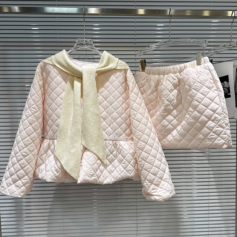 Winter New Temperament Knitted Hooded Scarf Cotton Padded Jacket Elastic Waist Short Skirt Set For Women 11A07798