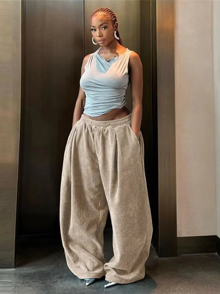 Autumn Winter Y2K Casual Wide-Leg Pants Women Loose Simple Basic Pocket High Waist Trouser Corduroy Streetwear Long Bottoms
